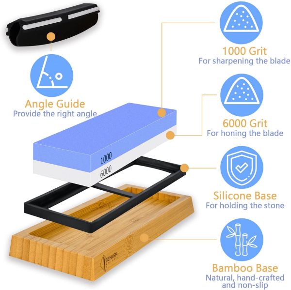 SENKEN 1000 / 6000 Grit Japanese Whetstone Kit Knife Sharpening Stone with Angle Guide and Wooden Holder - Dual Function Sharpen & Hone Kitchen Knives and Tools, Includes Non-Slip Bamboo Base