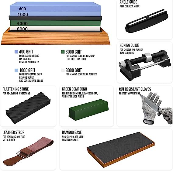 YeopAsda Knife Sharpening Stone Set - Premium 4 Side Grit 400/1000 3000/8000 Whetstone Sharpener Kit - Non-Slip Bamboo Base,Cut Resistant Gloves, Angle Guide,Flatting Stone,Honing Guide,Leather Strop